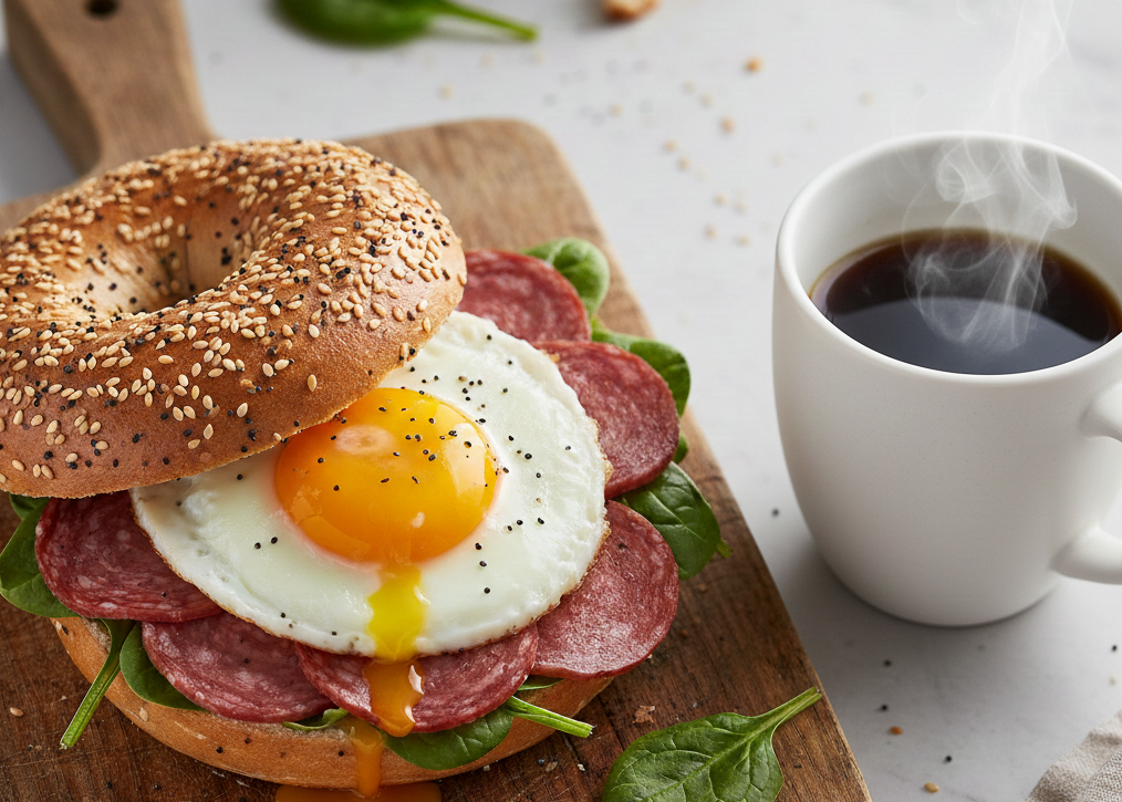 Breakfast Bagel with Salami, Egg & Spinach: The Morning MVP