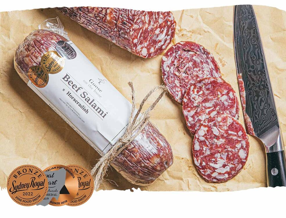 Award winning Goose on the Loose Beef Salami with Horseradish