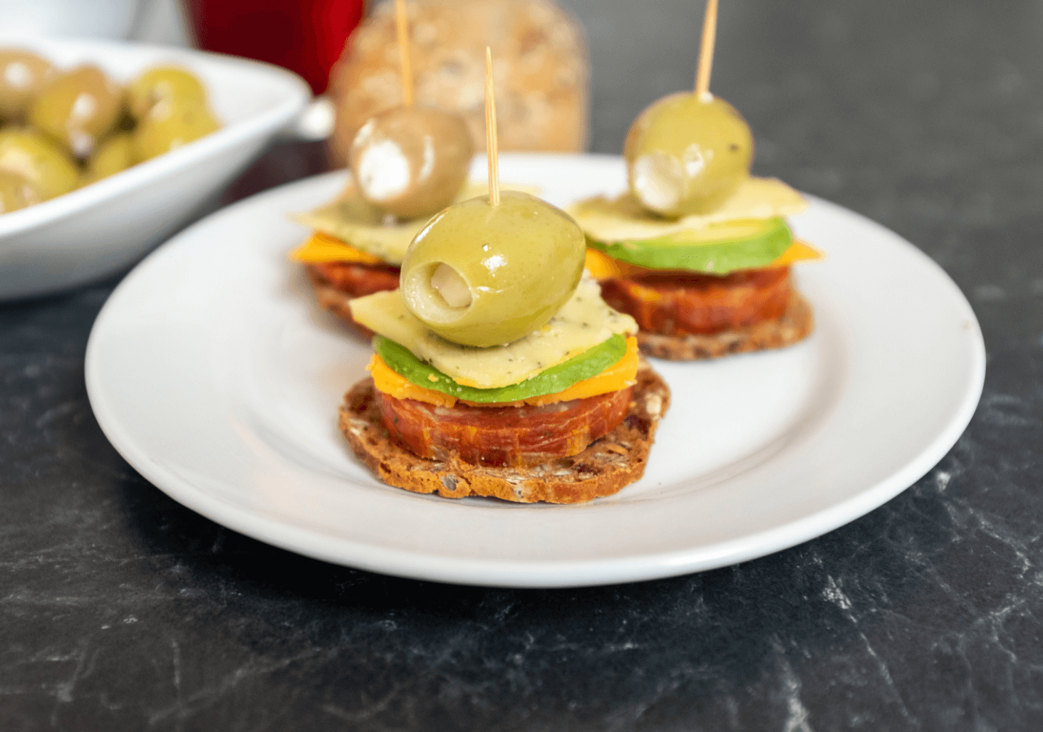 Recipe: Olive, cheese, avocado and chorizo skewers